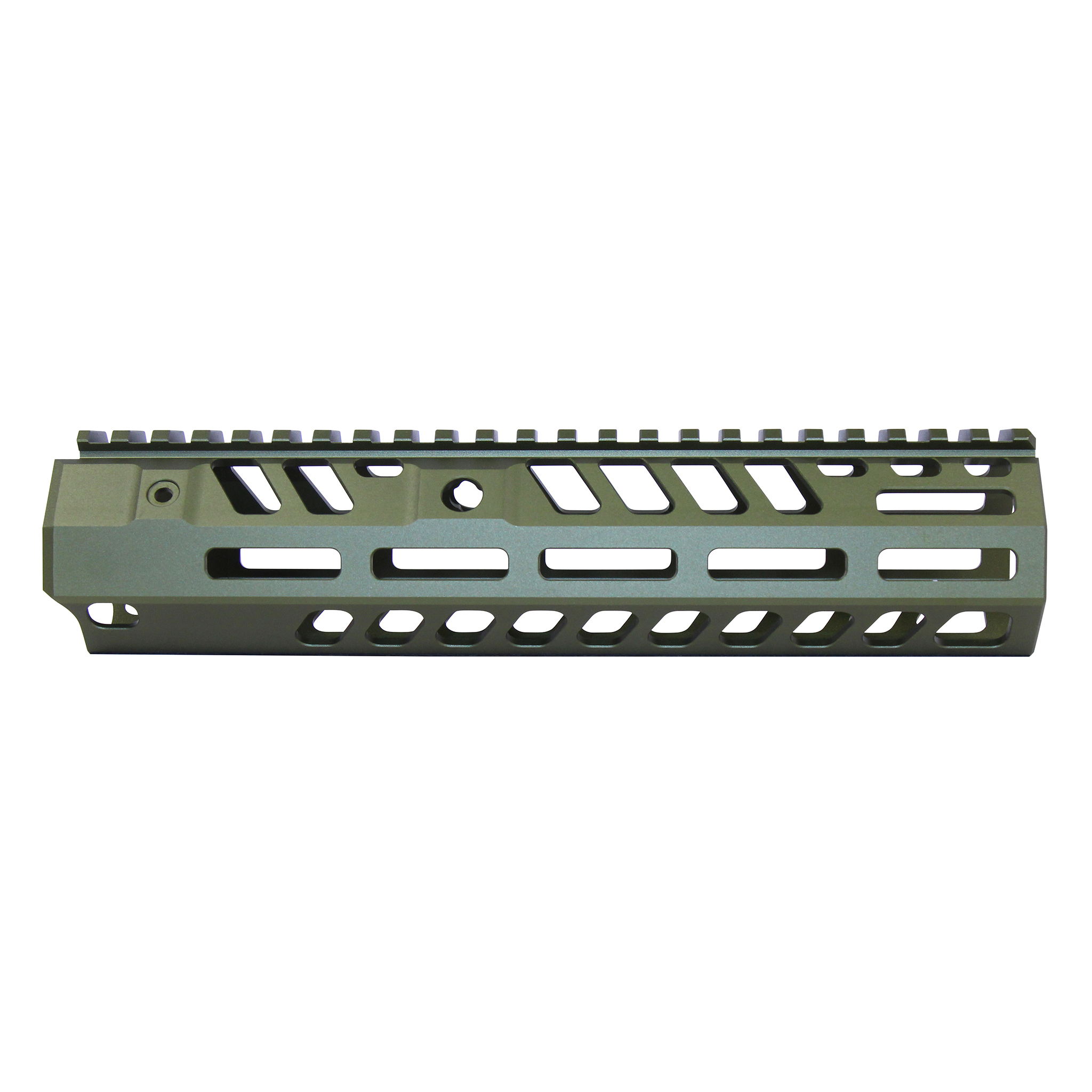 Anodized green 9-inch M-LOK handguard with skeletonized cutouts and top rail