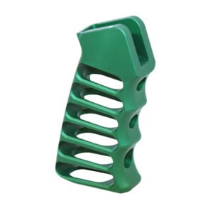 Skeletonized aluminum pistol grip in anodized Irish Green finish for AR-15