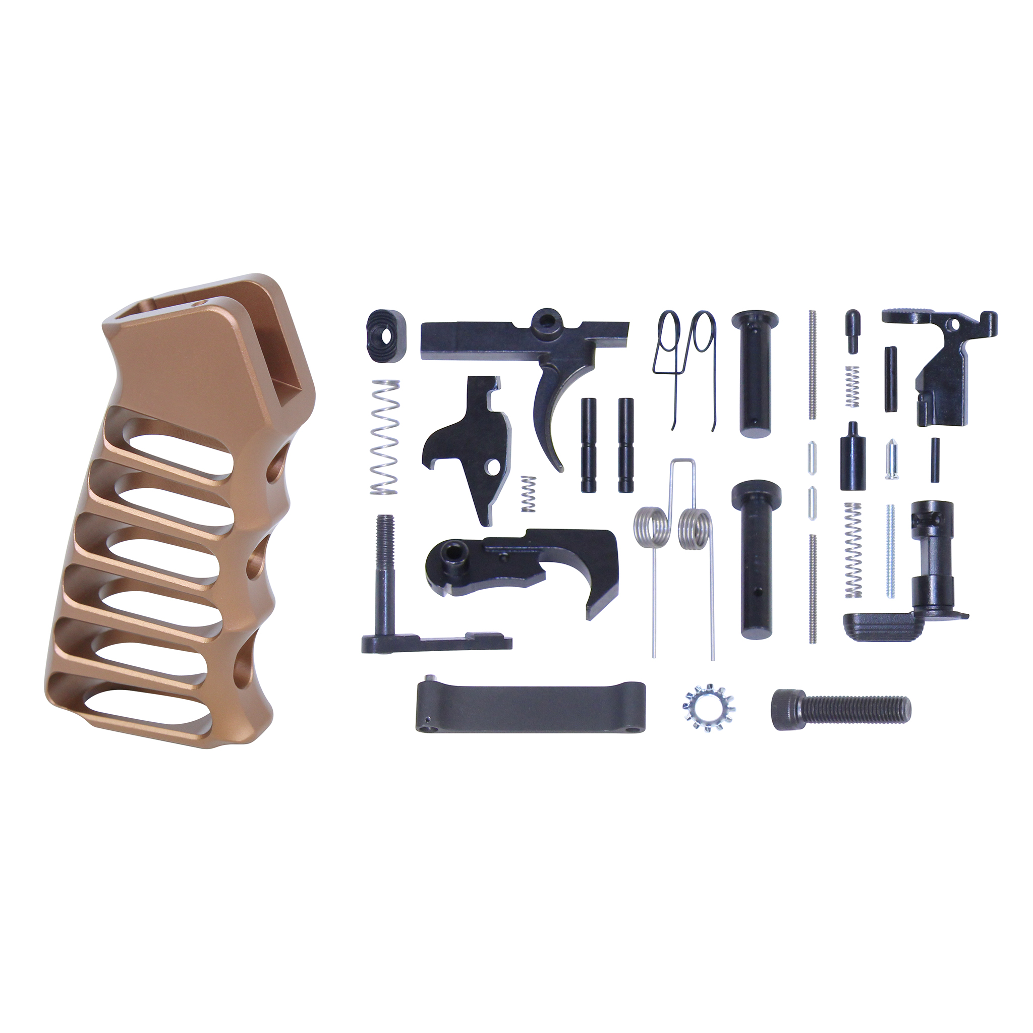 AR-15 lower parts kit with anodized bronze skeletonized aluminum pistol grip and black components