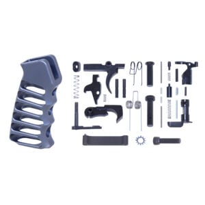AR-15 complete lower parts kit with anodized green skeletonized aluminum pistol grip