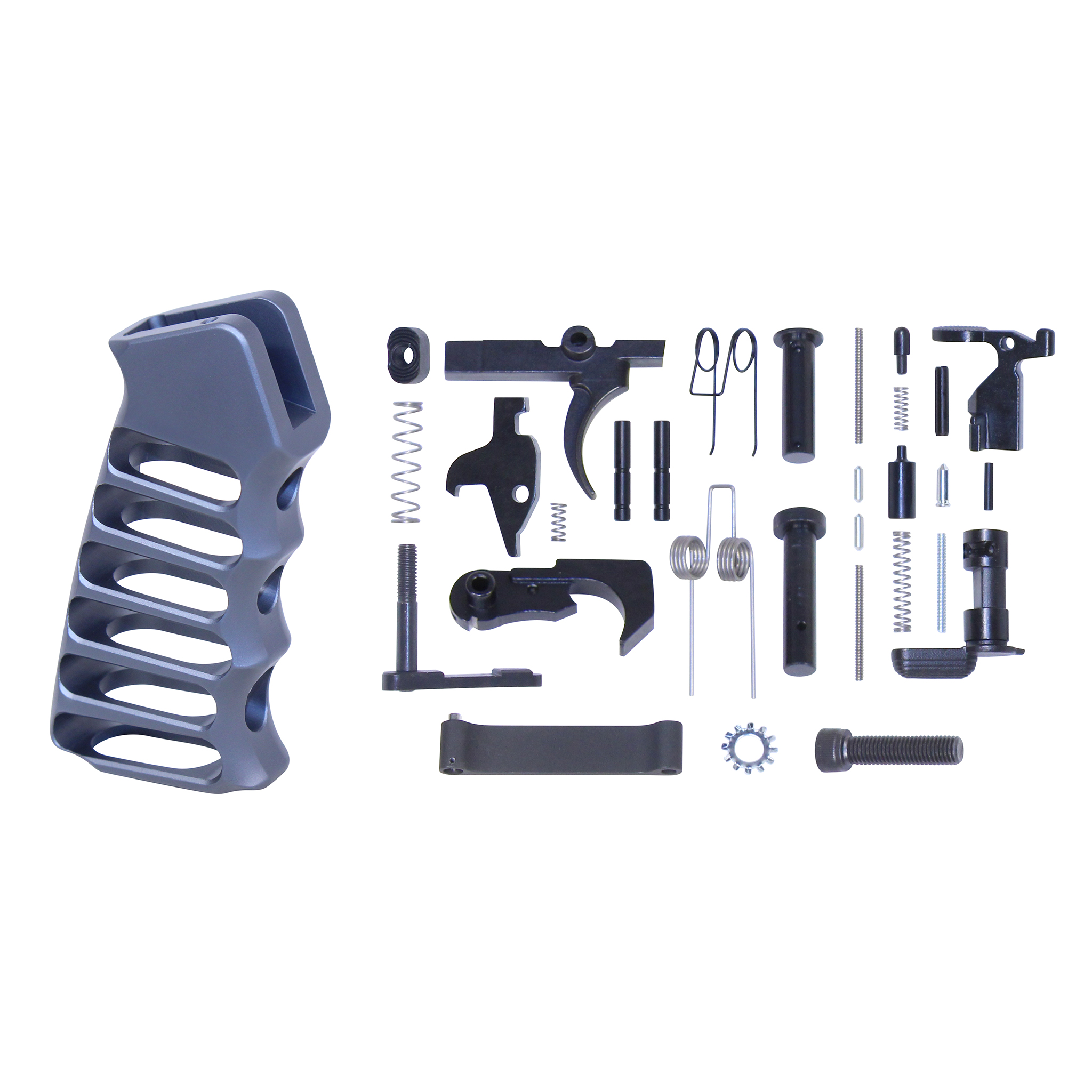 AR-15 complete lower parts kit with anodized green skeletonized aluminum pistol grip