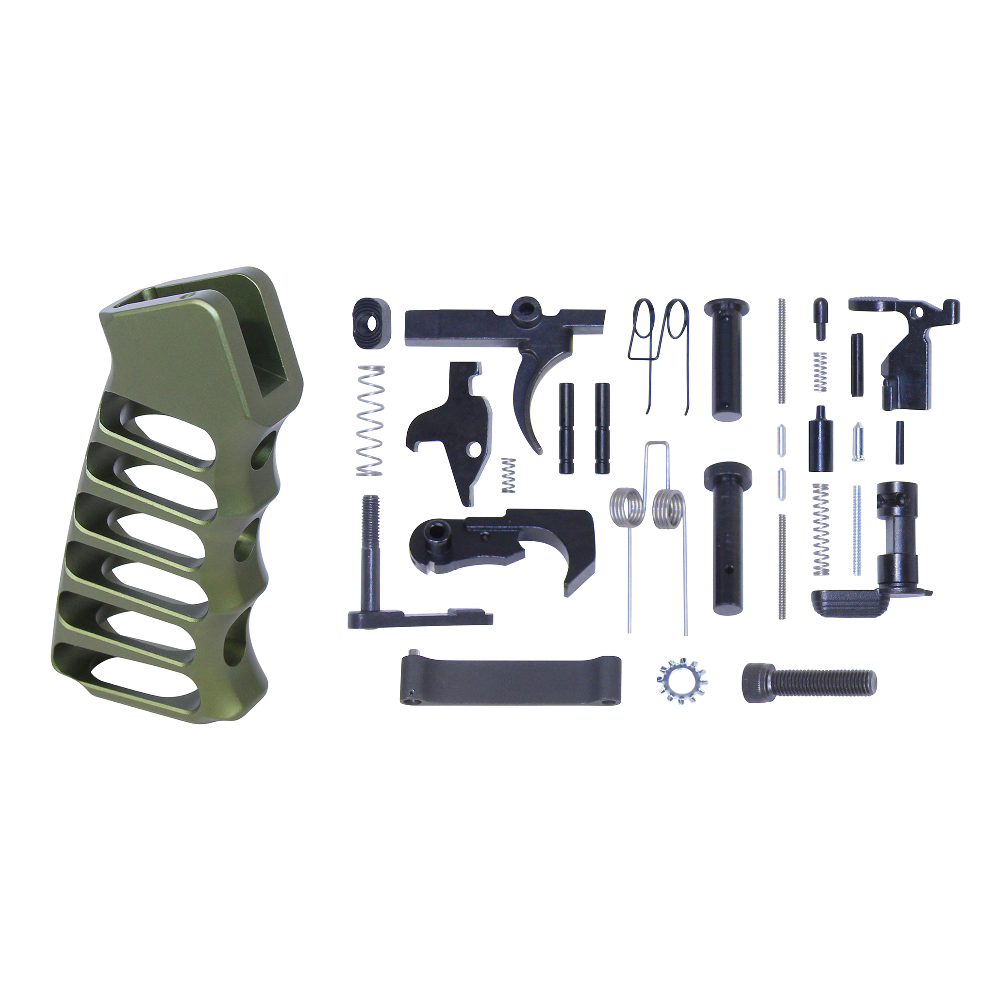 Anodized Green skeletonized aluminum pistol grip and AR-15 lower parts kit components on white background