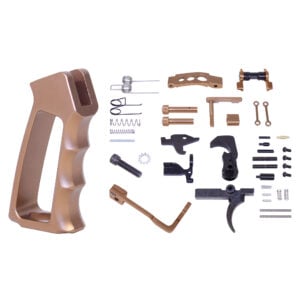 AR-15 lower parts kit with anodized bronze finish and skeletonized pistol grip