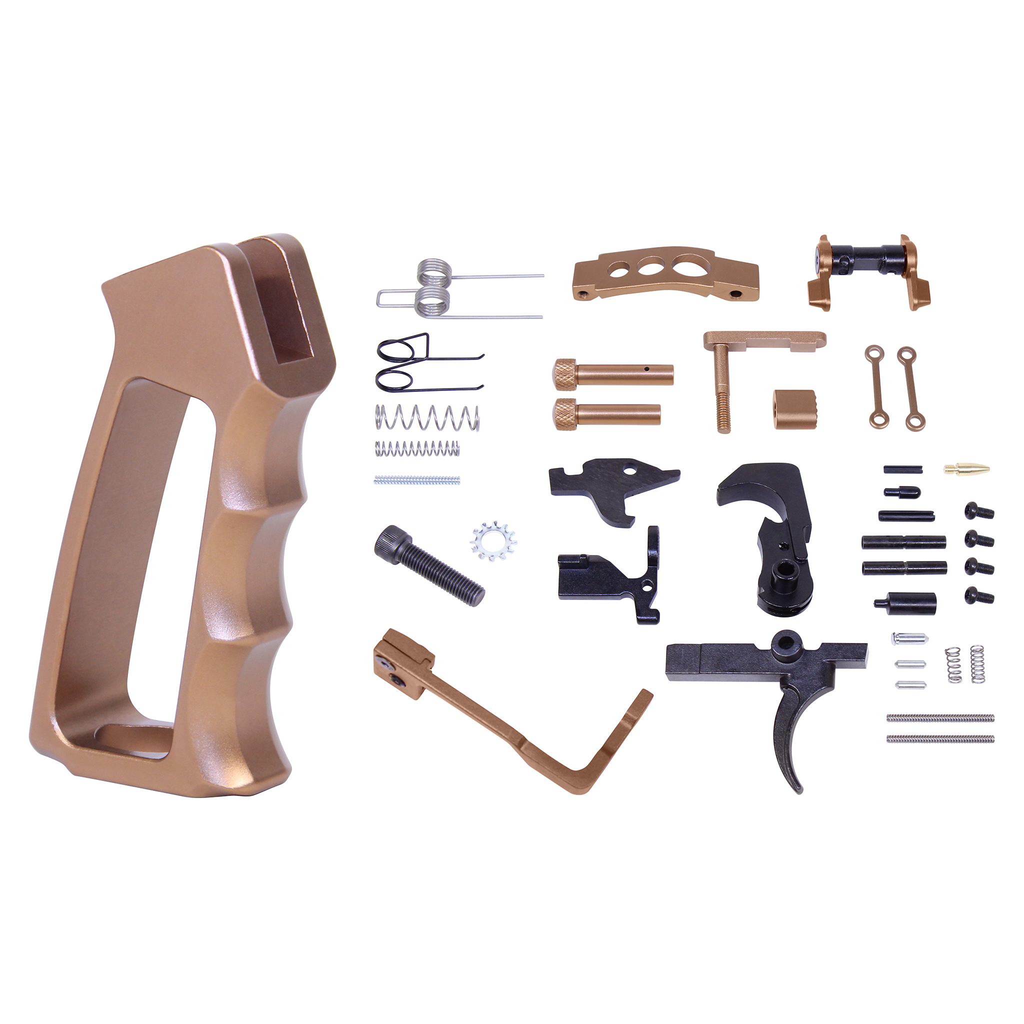 AR-15 lower parts kit with anodized bronze finish and skeletonized pistol grip