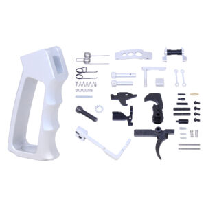 AR-15 lower parts kit with clear anodized finish and skeletonized pistol grip