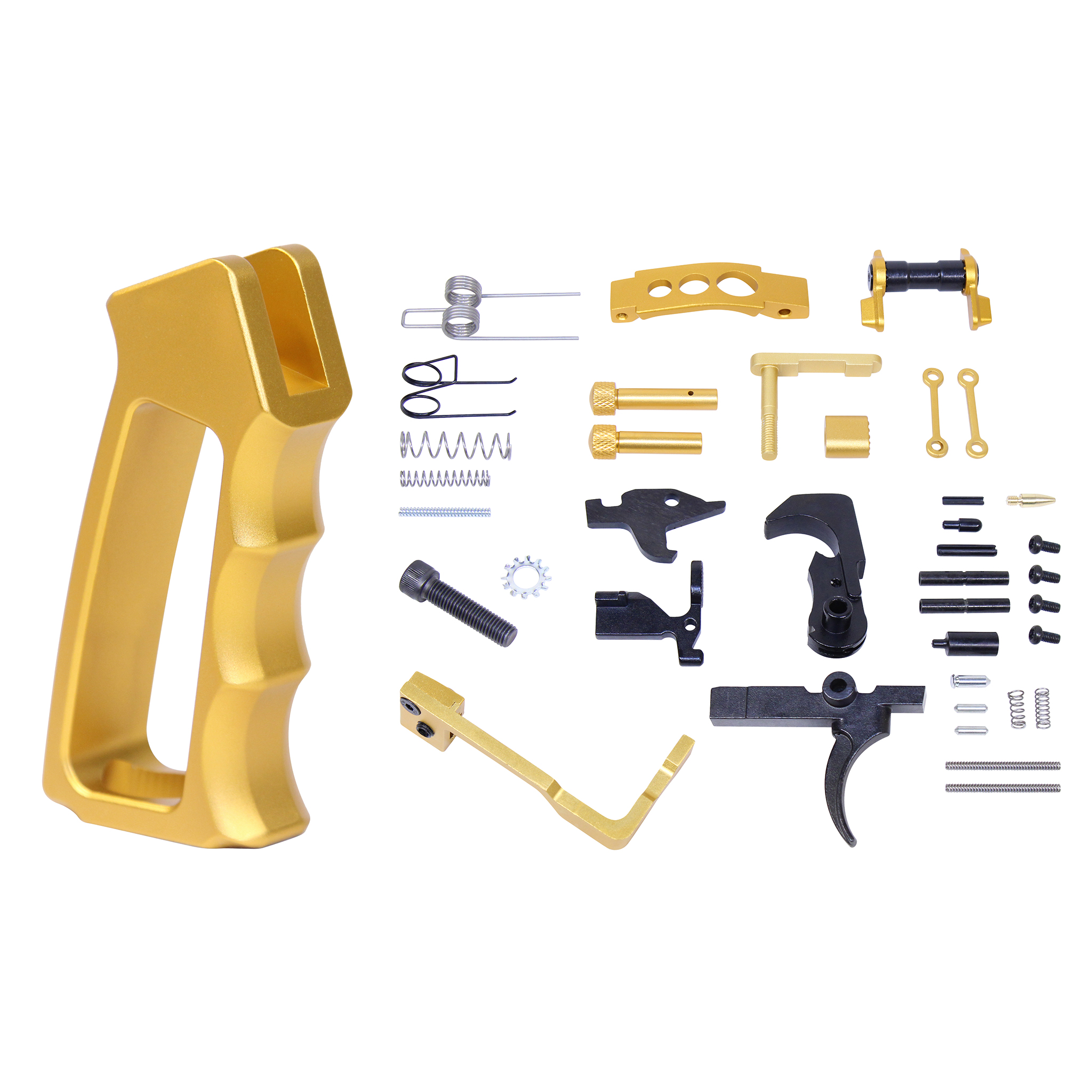 AR-15 lower parts kit with anodized gold finish and skeletonized aluminum pistol grip