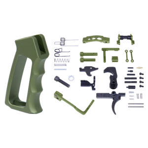 AR-15 lower parts kit with green anodized components and skeletonized pistol grip