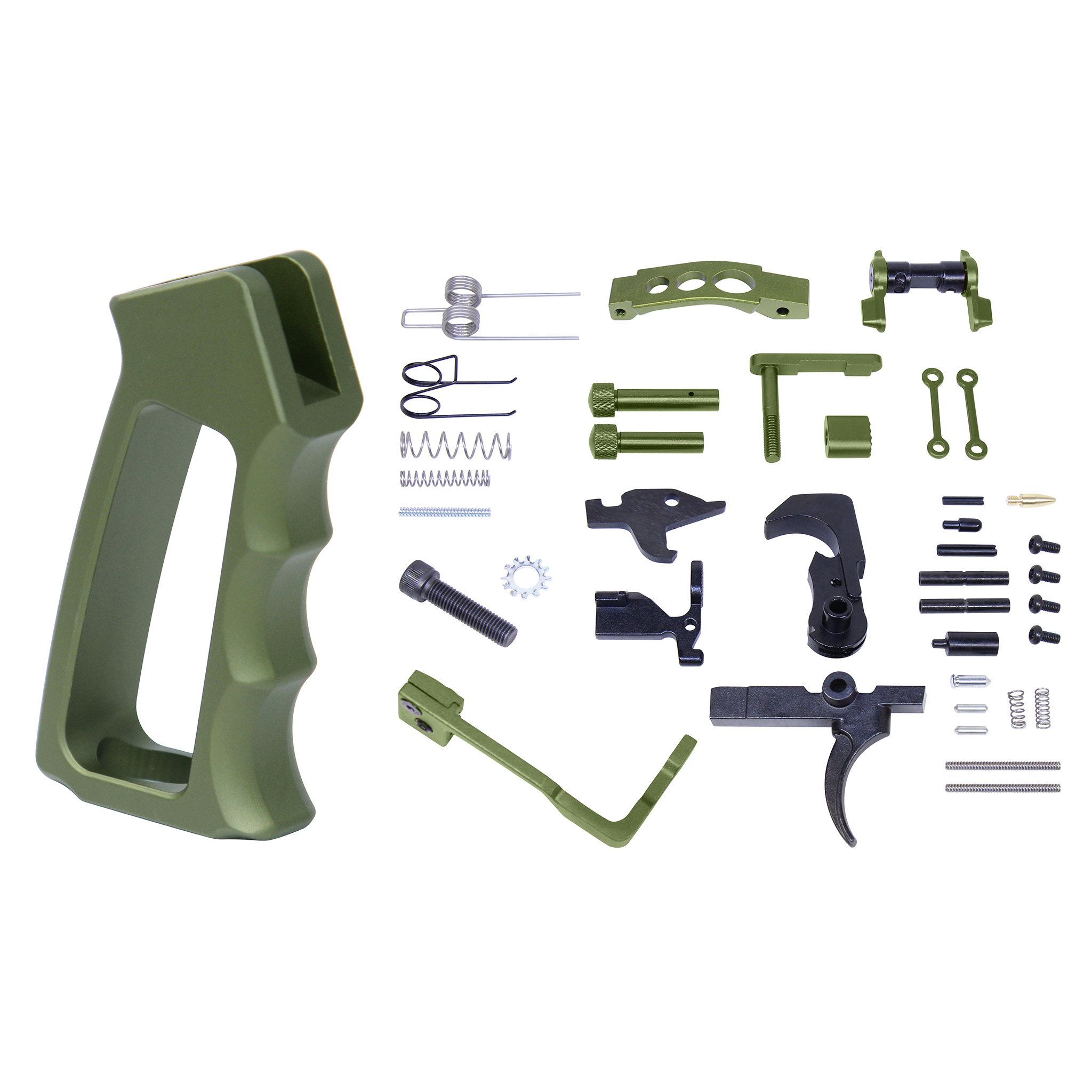 AR-15 lower parts kit with anodized green components and skeletonized pistol grip