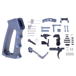 AR-15 lower parts kit with anodized blue finish and skeletonized aluminum pistol grip