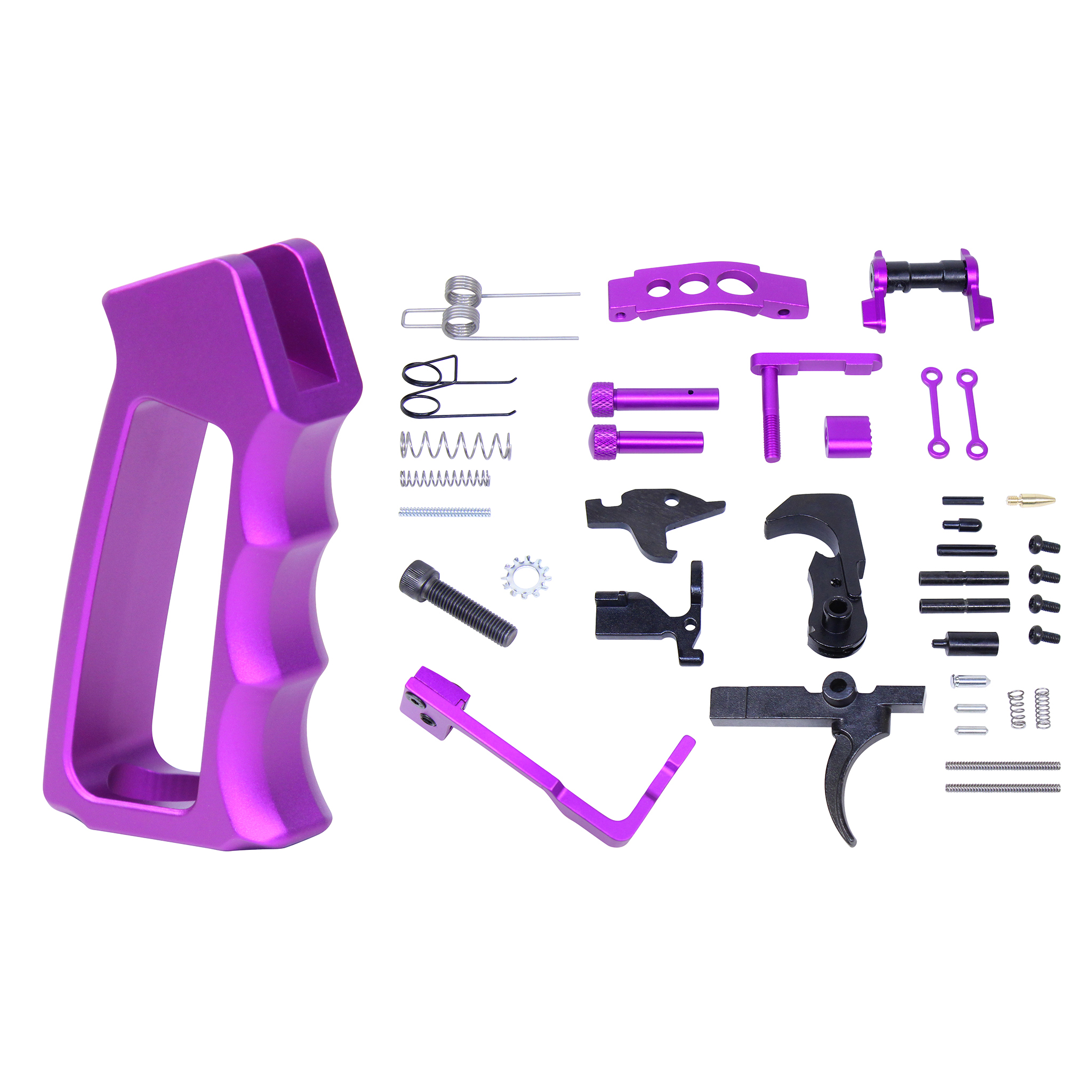 AR-15 lower parts kit with anodized purple components and skeletonized pistol grip