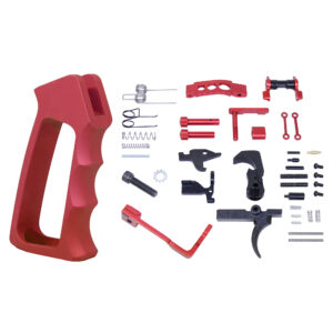 AR-15 lower parts kit with red anodized components and skeletonized pistol grip