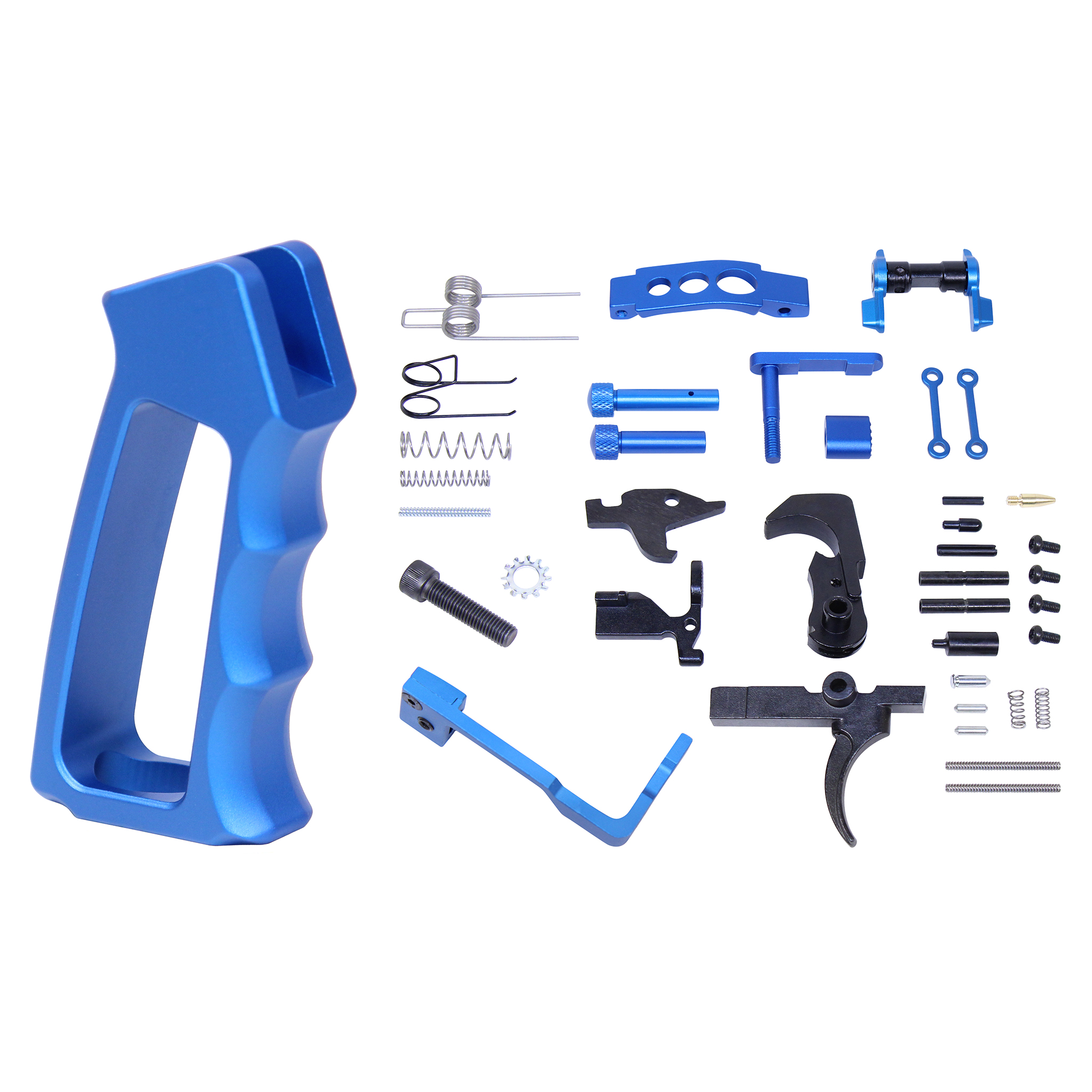 AR-15 lower parts kit with anodized blue Gen 2 skeletonized pistol grip and upgraded components