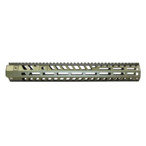 Anodized green 15-inch AR-15 handguard with M-LOK slots and top rail