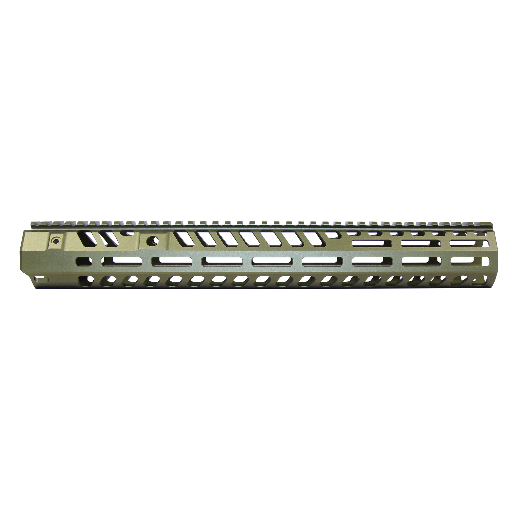 Anodized green 15-inch AR-15 handguard with M-LOK slots and top rail