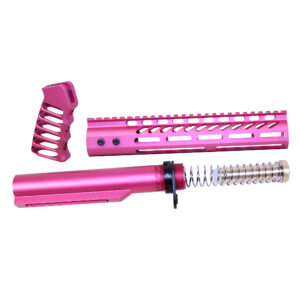 Anodized pink AR-15 pistol brace build kit including buffer tube, spring, and grip