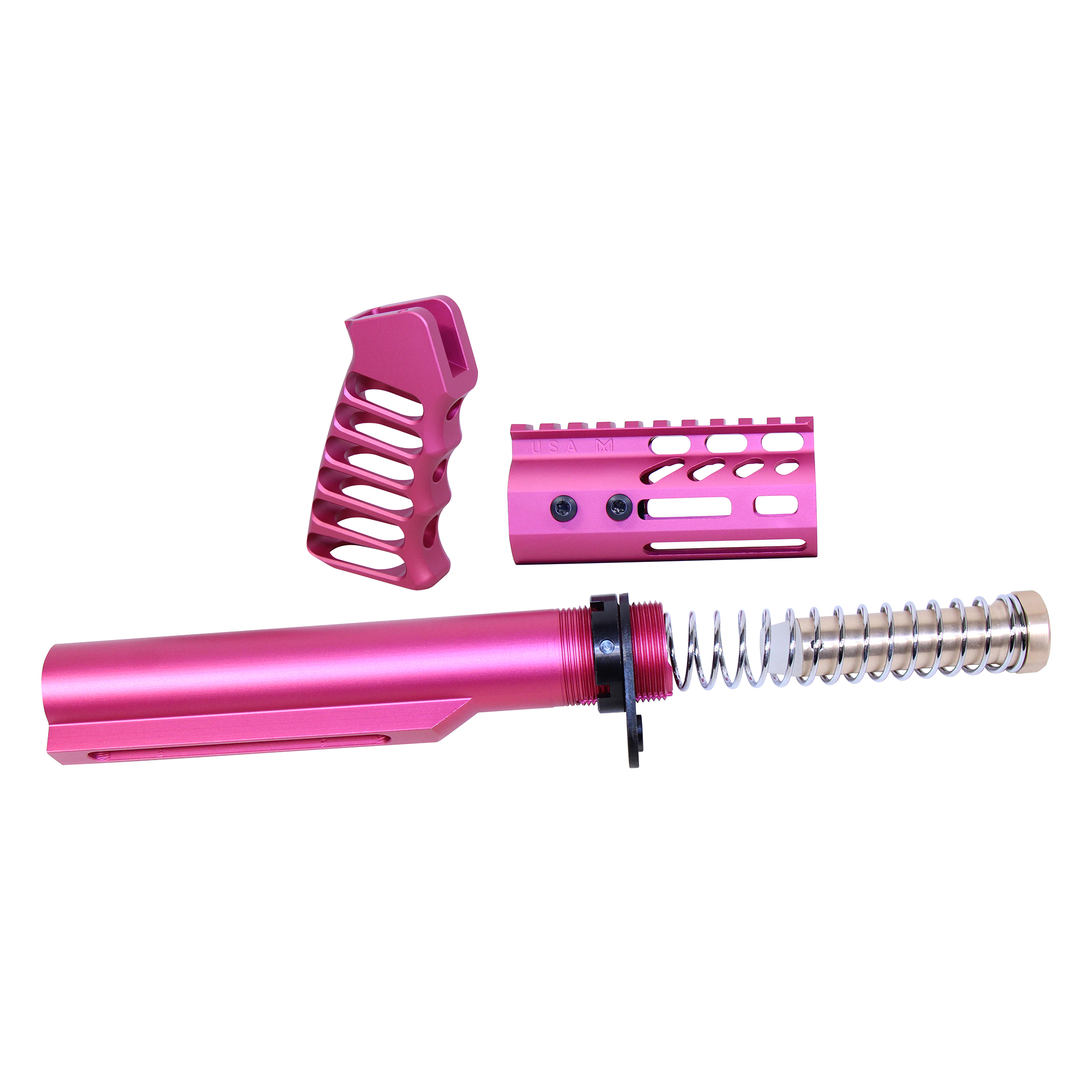 Anodized pink AR-15 pistol brace build kit with buffer tube, spring, and grip