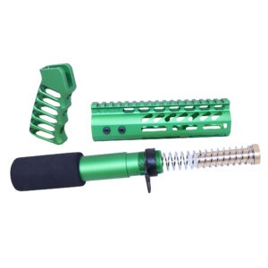 AR-15 pistol furniture set in Anodized Irish Green finish, showing skeletonized grip, buffer tube, and spring assembly
