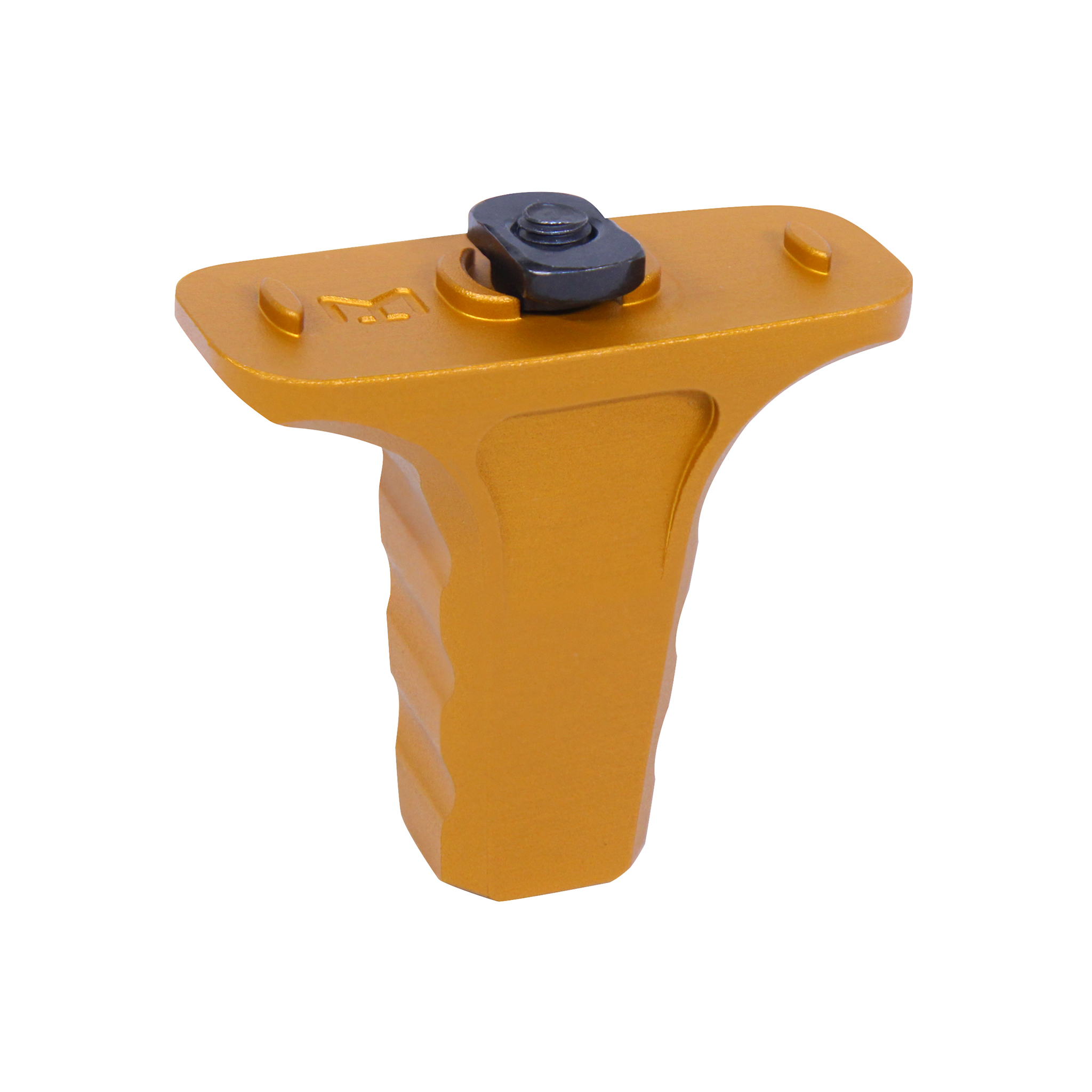 Anodized orange Micro M-LOK vertical handstop with textured grip and black mounting hardware