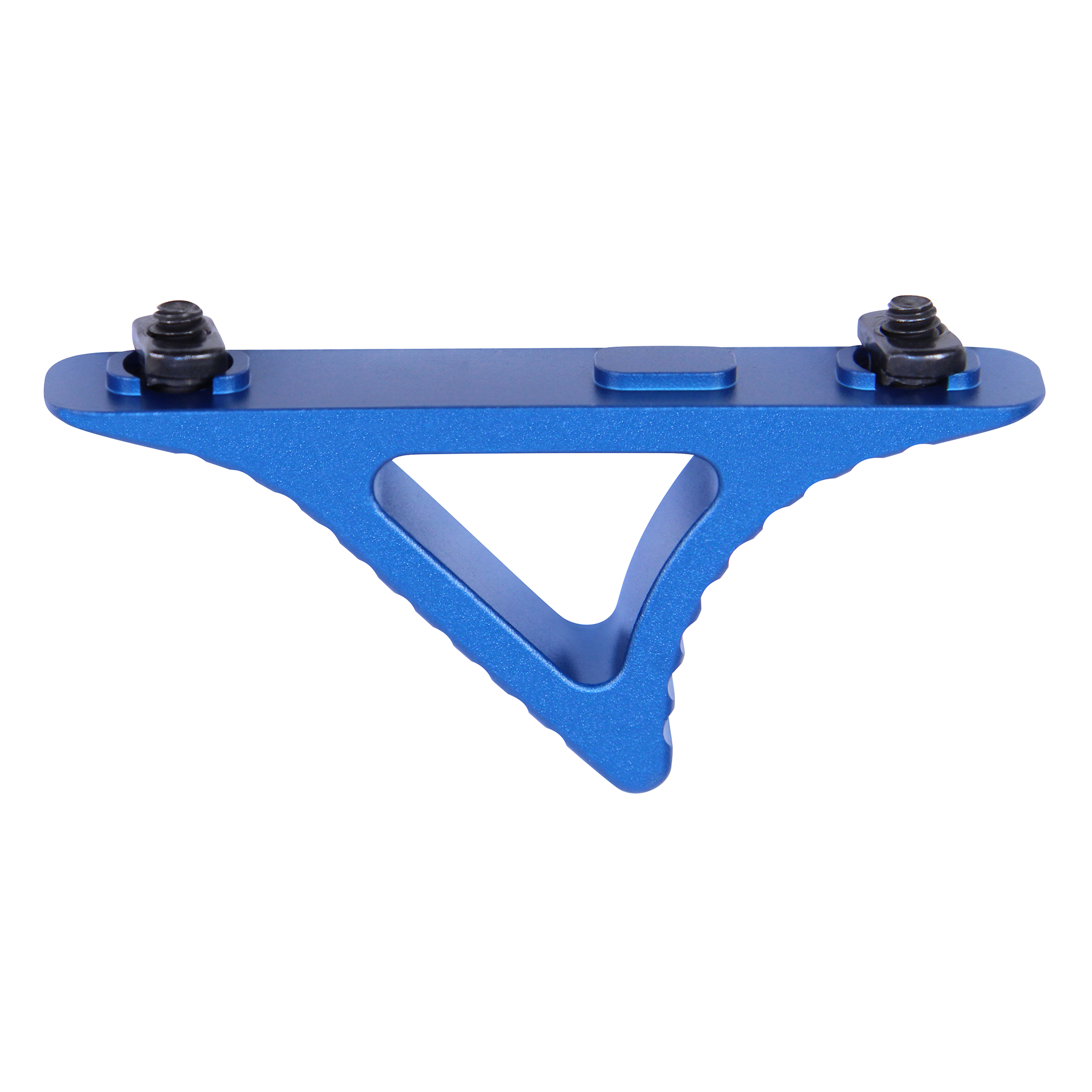 Anodized blue skeletonized angled foregrip for M-LOK with two black mounting screws