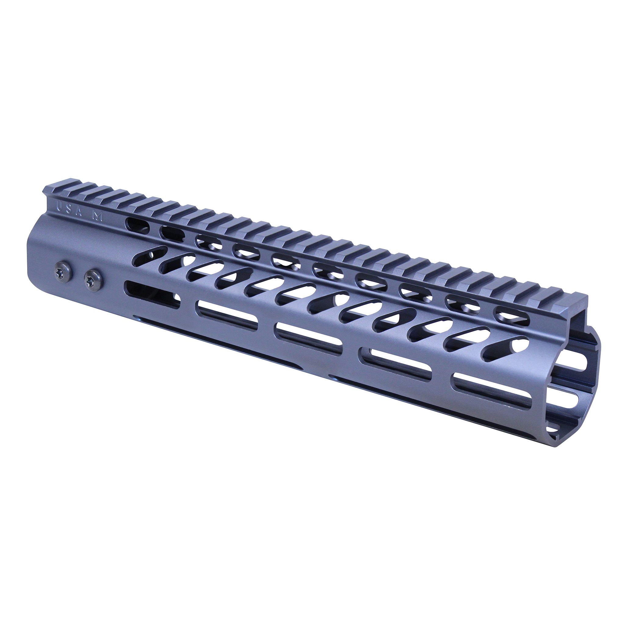 Anodized grey 10 inch M-LOK free floating handguard with monolithic top rail for .308 caliber AR platform