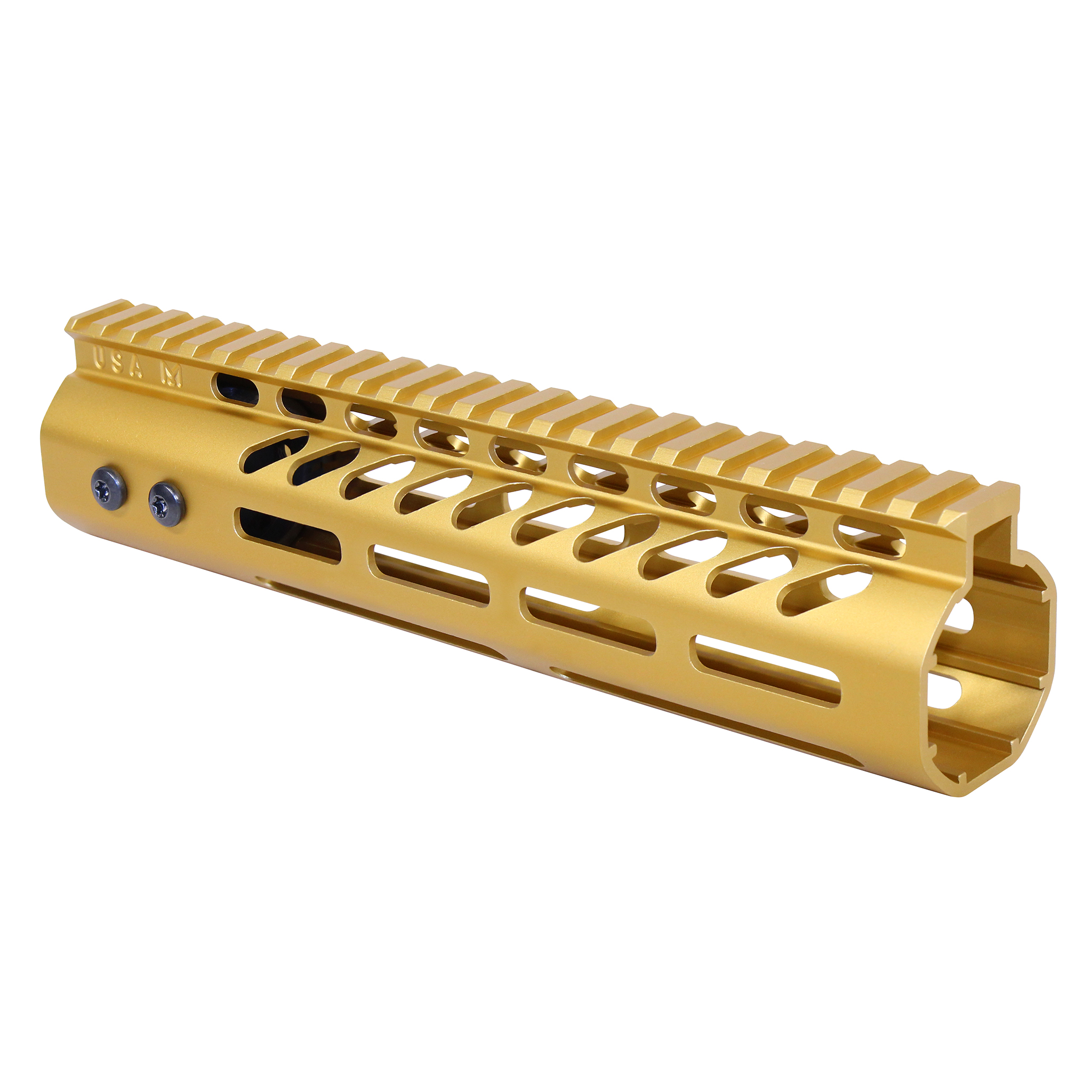 Anodized Gold 9 inch M-LOK free floating handguard with monolithic top rail for .308 Cal
