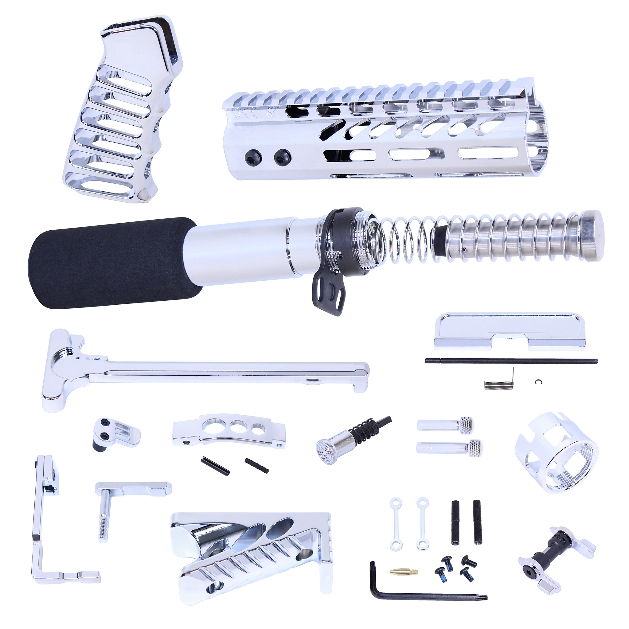 AR-15 Ultimate Finishing Pistol Kit in Black Chrome finish with buffer tube, grip, and hardware components