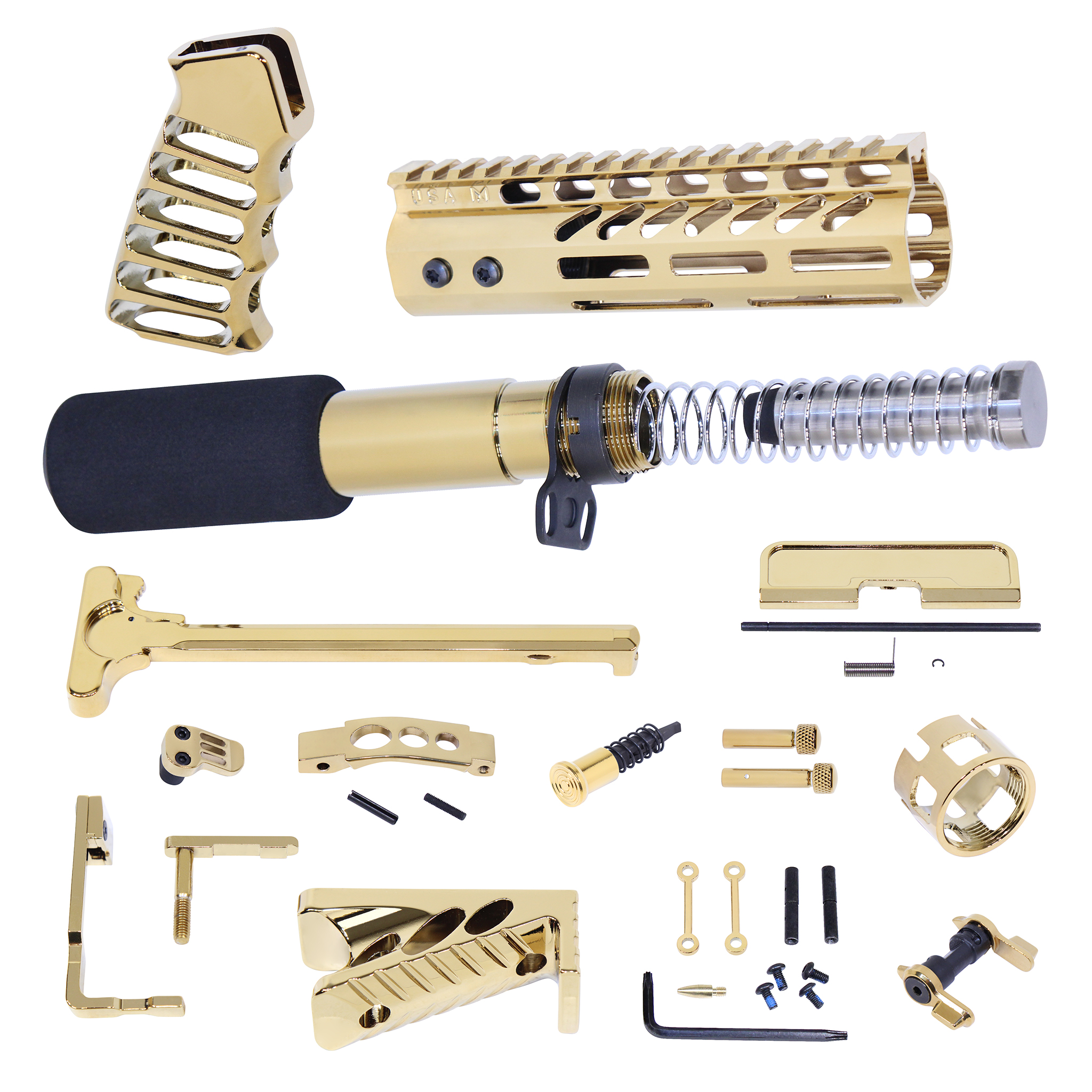 AR-15 Ultimate Finishing Pistol Kit with gold plating and black hardware components