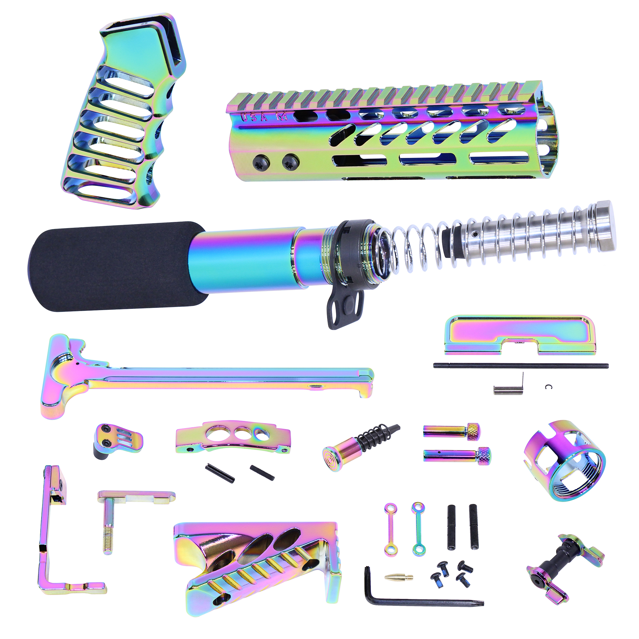 AR-15 Ultimate Finishing Pistol Kit with Rainbow PVD Coated buffer tube, grip, and hardware