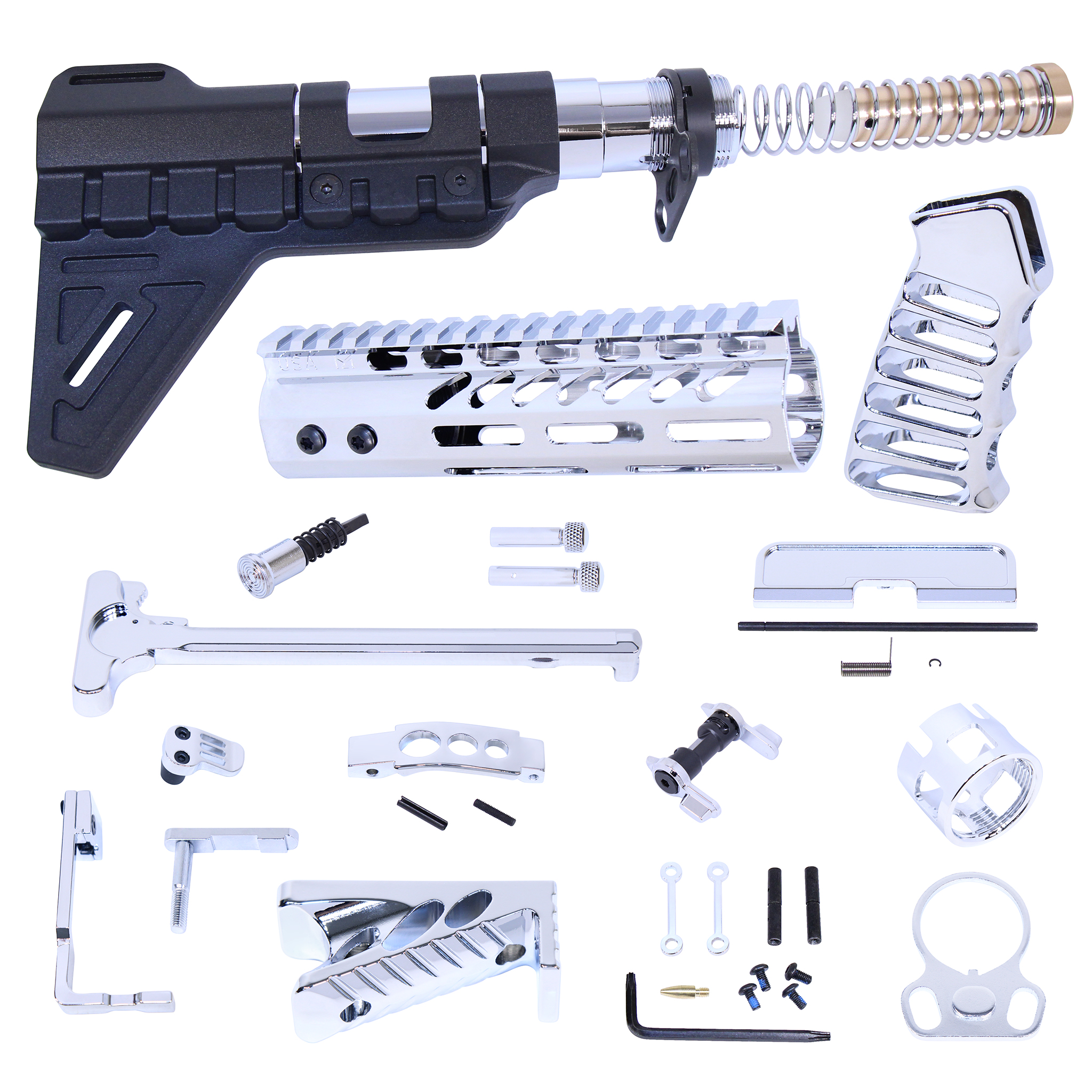 AR-15 Ultimate Finishing Pistol Kit with Black Chrome finish, showing buffer tube, grip, and hardware