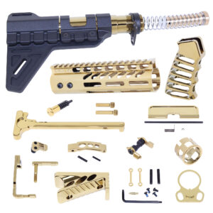 AR-15 Ultimate Finishing Pistol Kit With Brace (Gold Plated) components laid out on white background