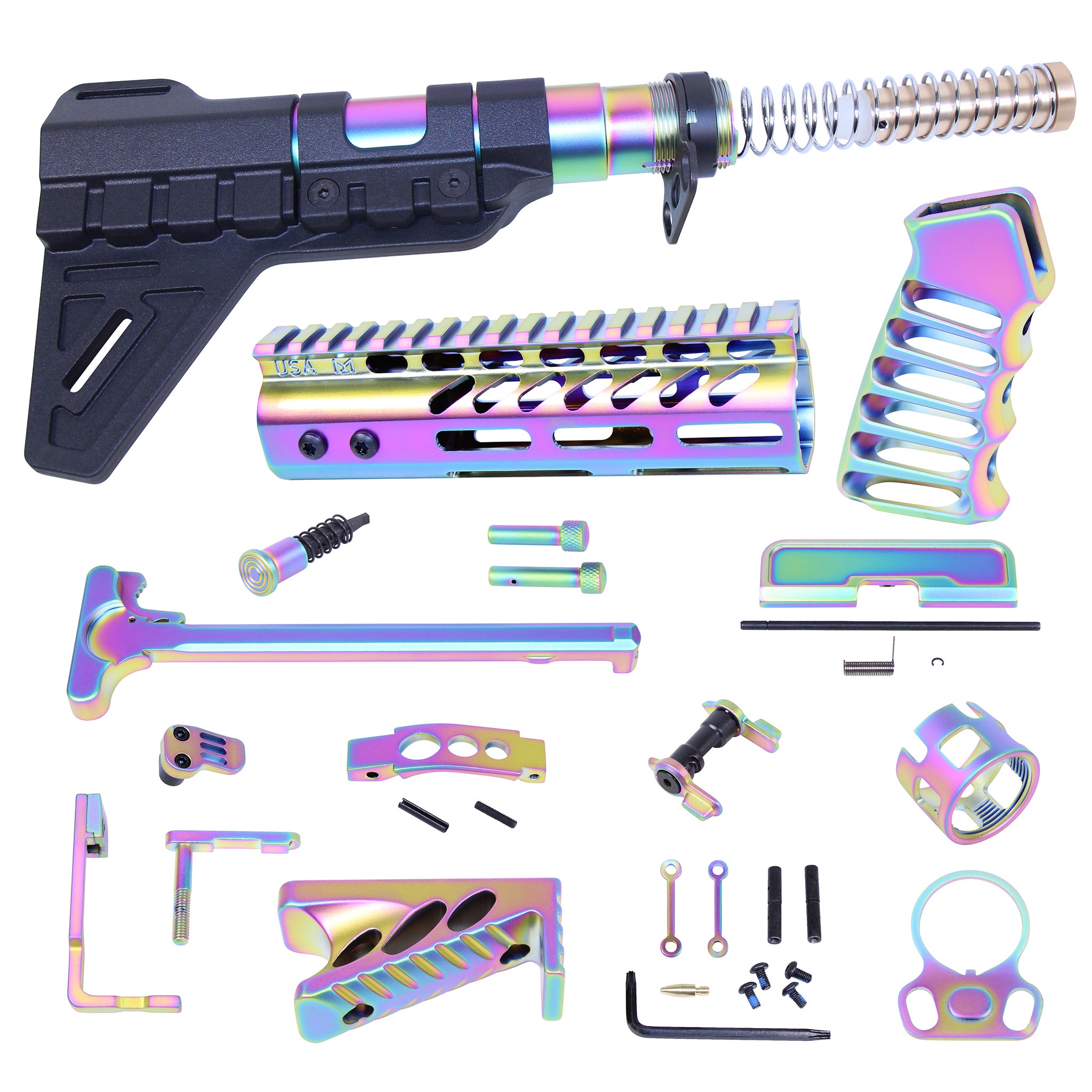 AR-15 Ultimate Finishing Pistol Kit with Brace (Matte Rainbow PVD Coated) components laid out