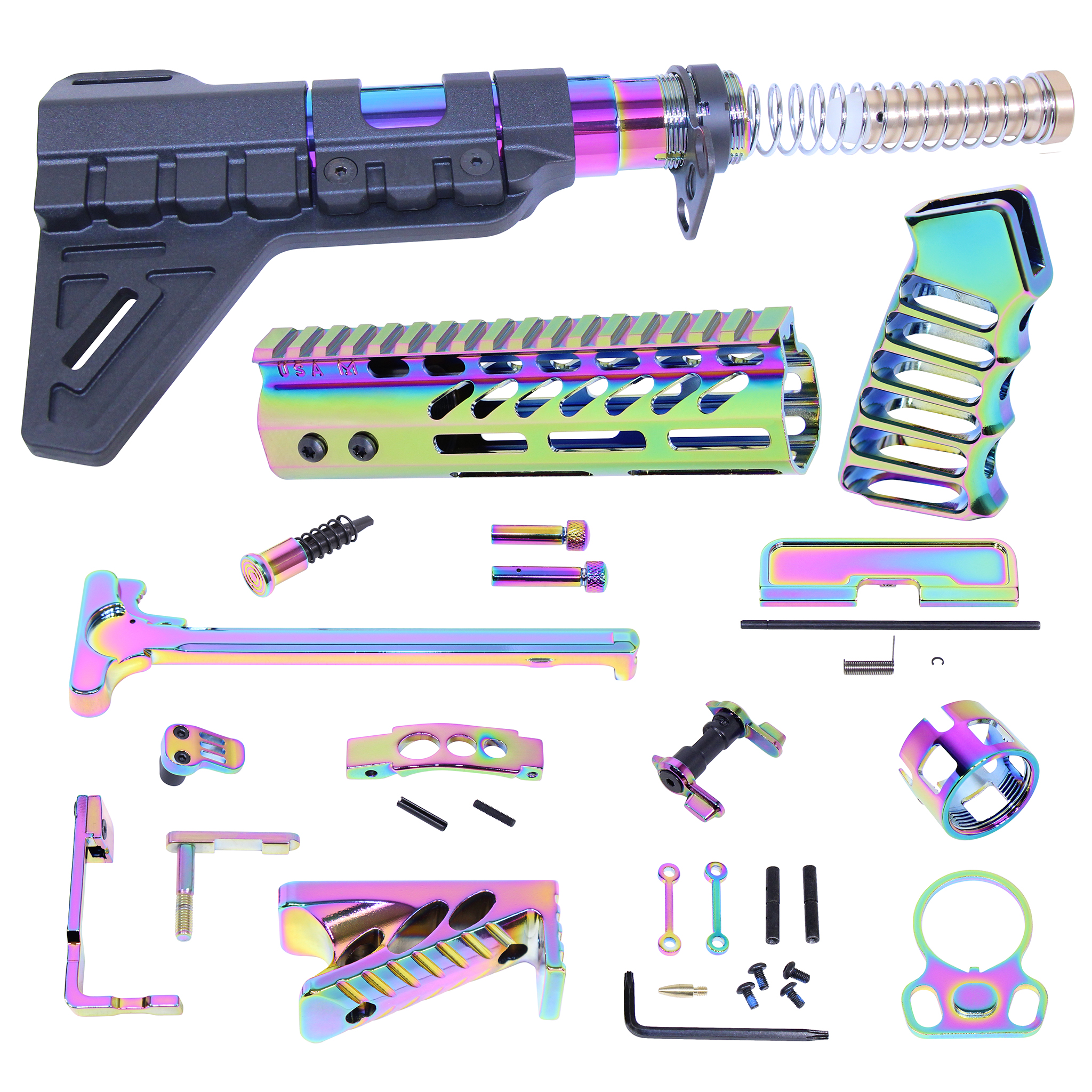 AR-15 Ultimate Finishing Pistol Kit With Brace (Rainbow PVD Coated) components layout