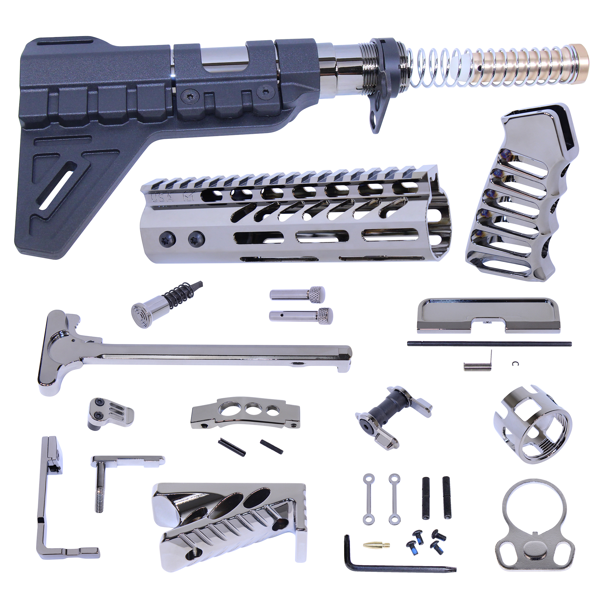 AR-15 pistol buffer tube kit with brace in black chrome finish