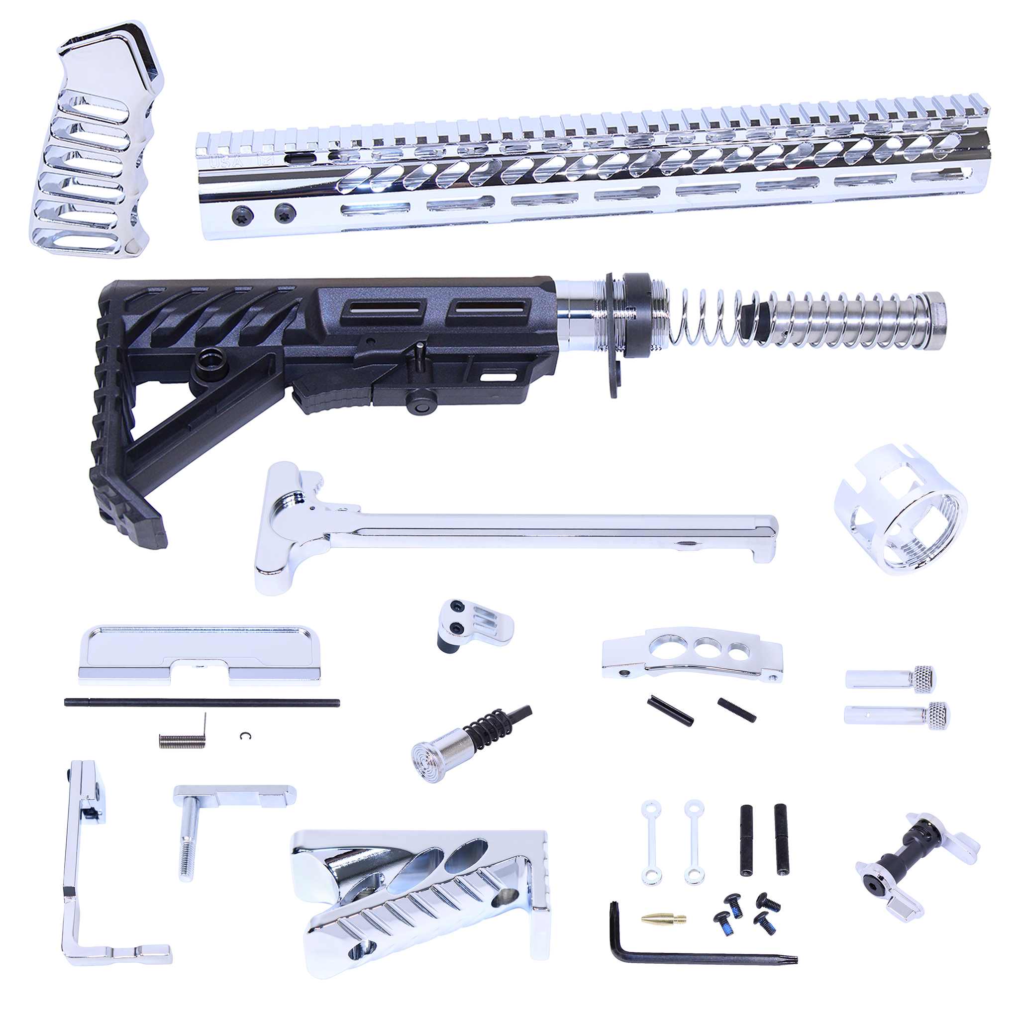 AR-15 Ultimate Finishing Rifle Kit with Black Chrome finish, showing handguard, stock, buffer tube, and hardware components