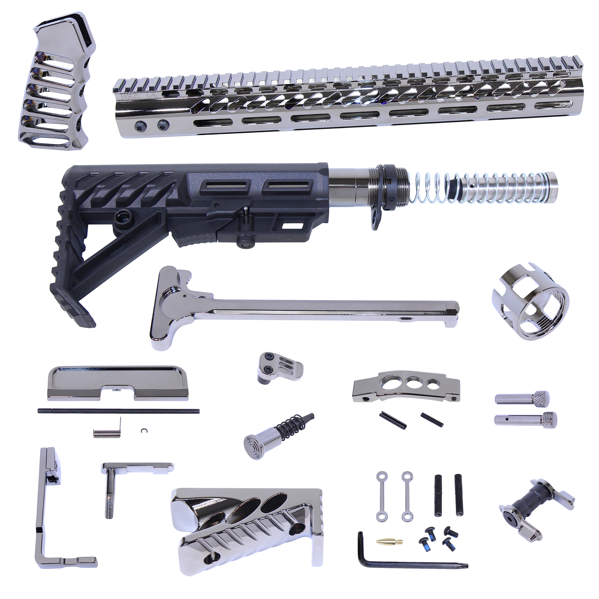 AR-15 Ultimate Finishing Rifle Kit Black Chrome components including handguard, stock, and hardware