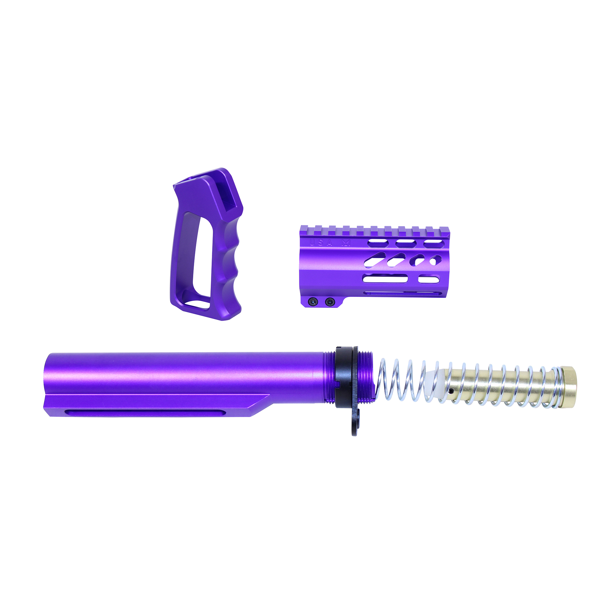 Royal purple AR-15 micro pistol furniture set with buffer tube, spring, and castle nut
