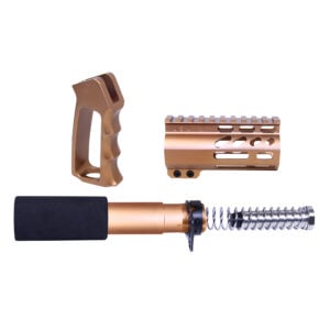 AR-15 Mini Pistol Furniture Set in Anodized Bronze finish, showing pistol grip, buffer tube, and spring kit