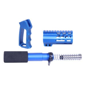Anodized blue AR-15 mini pistol furniture set including buffer tube, pistol grip, and handguard