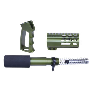 Anodized green AR-15 mini pistol furniture set including buffer tube, grip, and handguard