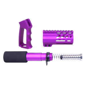 AR-15 Mini Pistol Furniture Set in Anodized Purple finish showing pistol grip, buffer tube, and spring