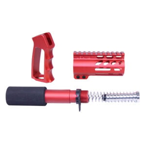 AR-15 Mini Pistol Furniture Set in Anodized Red finish showing pistol grip, buffer tube, and spring assembly