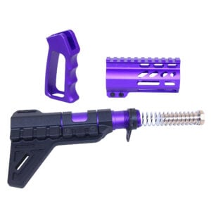 AR-15 mini pistol furniture set with royal purple anodized buffer tube, pistol grip, and rail section