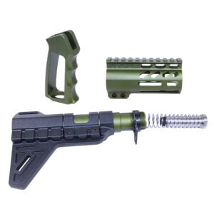 Anodized green AR-15 mini pistol furniture set including buffer tube, pistol grip, and handguard