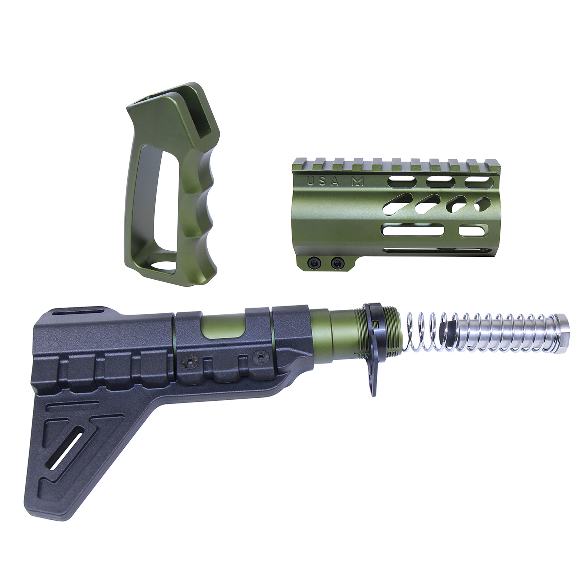 Anodized green AR-15 mini pistol furniture set including buffer tube, pistol grip, and handguard