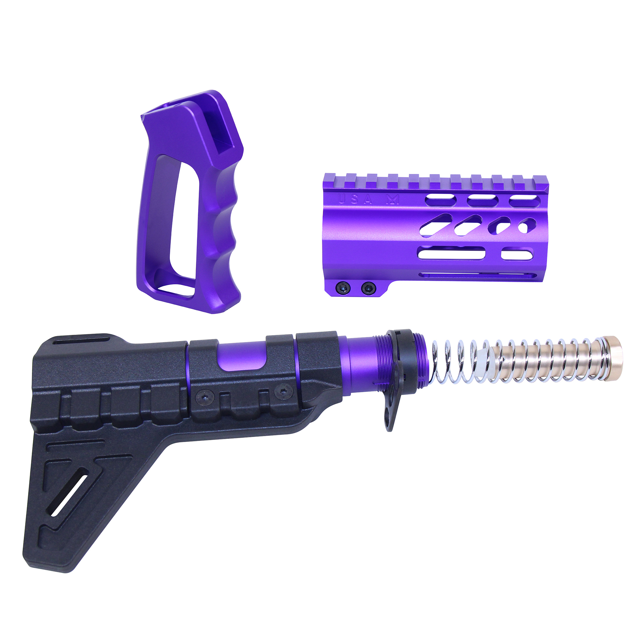 AR-15 mini pistol furniture set with royal purple anodized buffer tube, pistol grip, and rail section