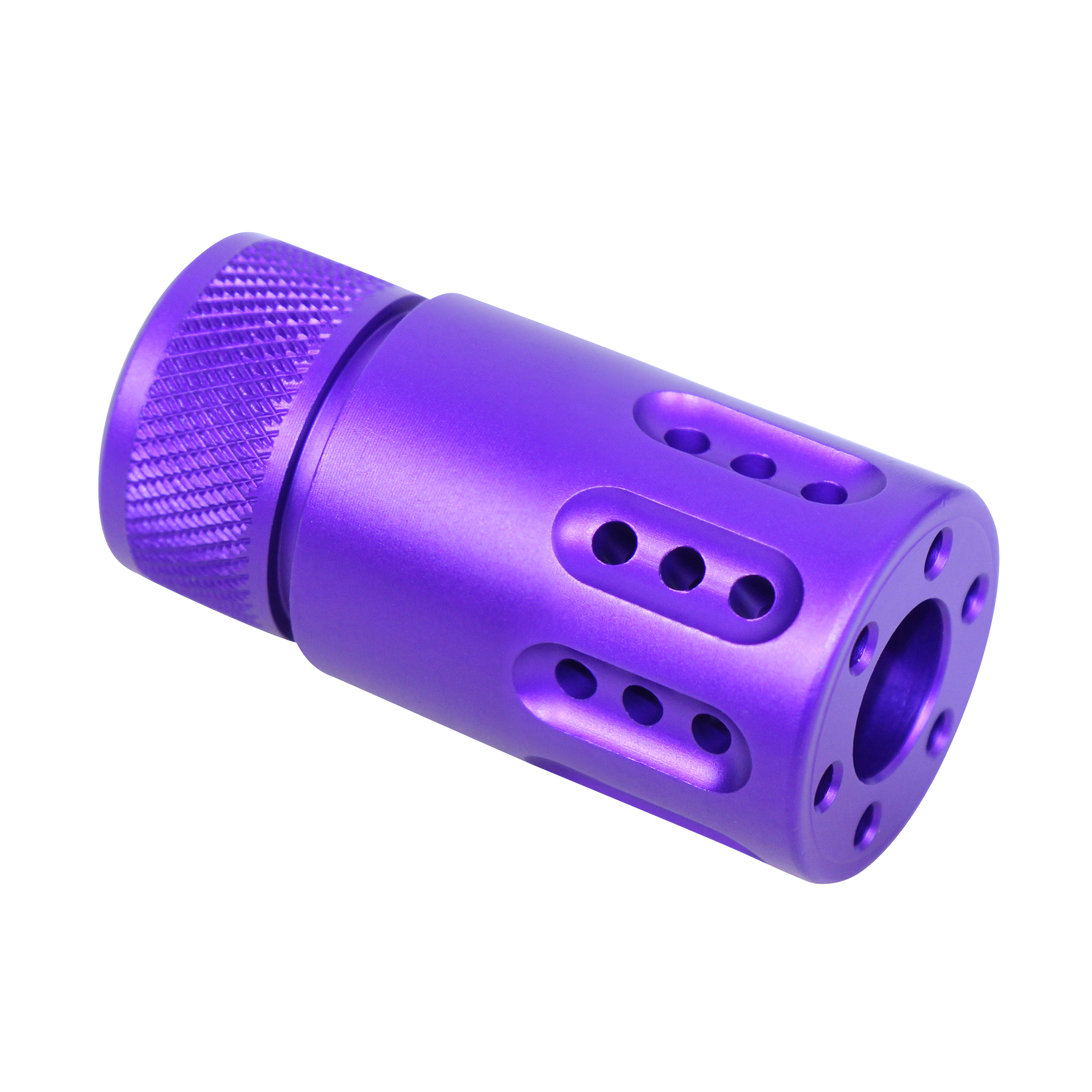 Anodized Royal Purple slip over barrel shroud with multi port muzzle brake and knurled grip section
