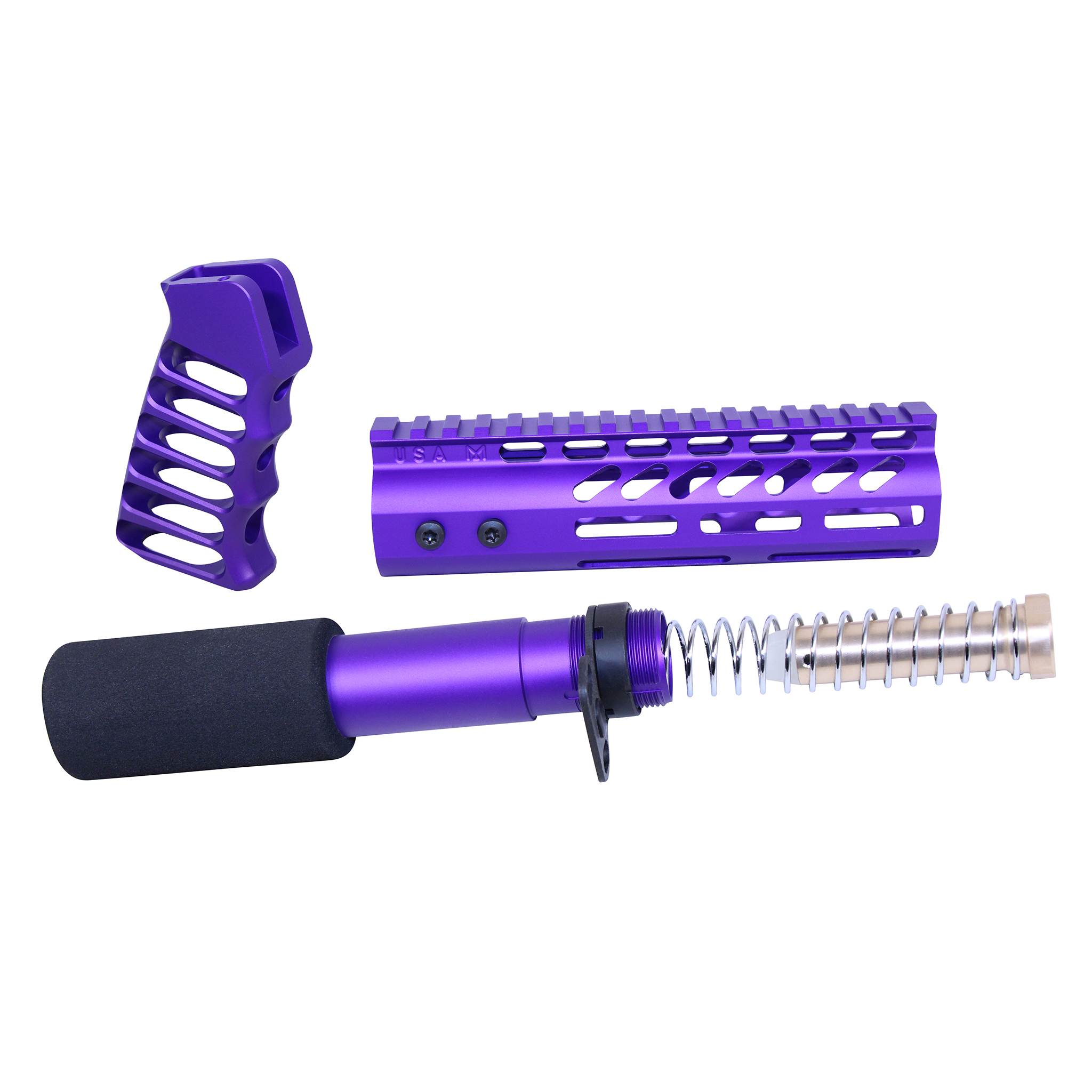 AR-15 pistol furniture set in anodized royal purple finish, including skeletonized grip, buffer tube, and spring assembly