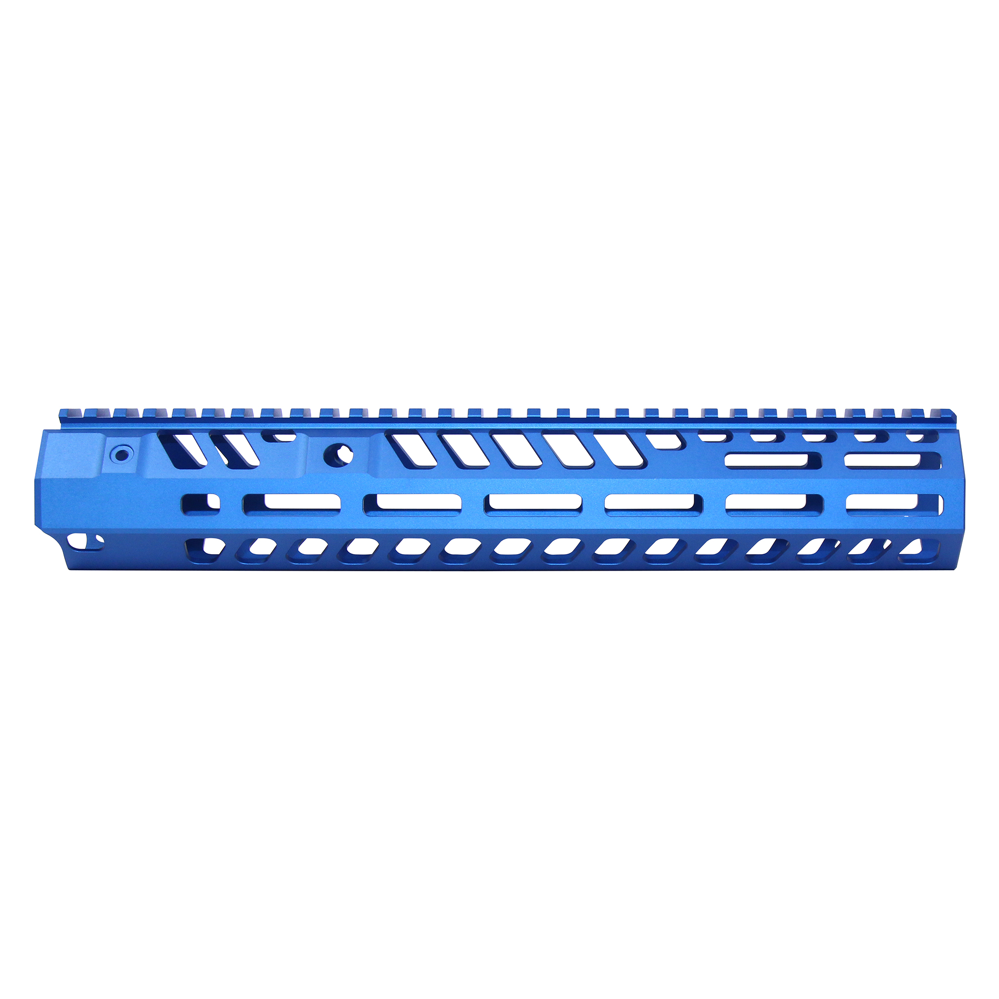 Anodized blue 12-inch M-LOK handguard with skeletonized cutouts and top rail