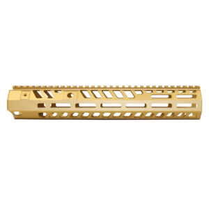 Anodized gold 12-inch M-LOK handguard with skeletonized cutouts and top rail