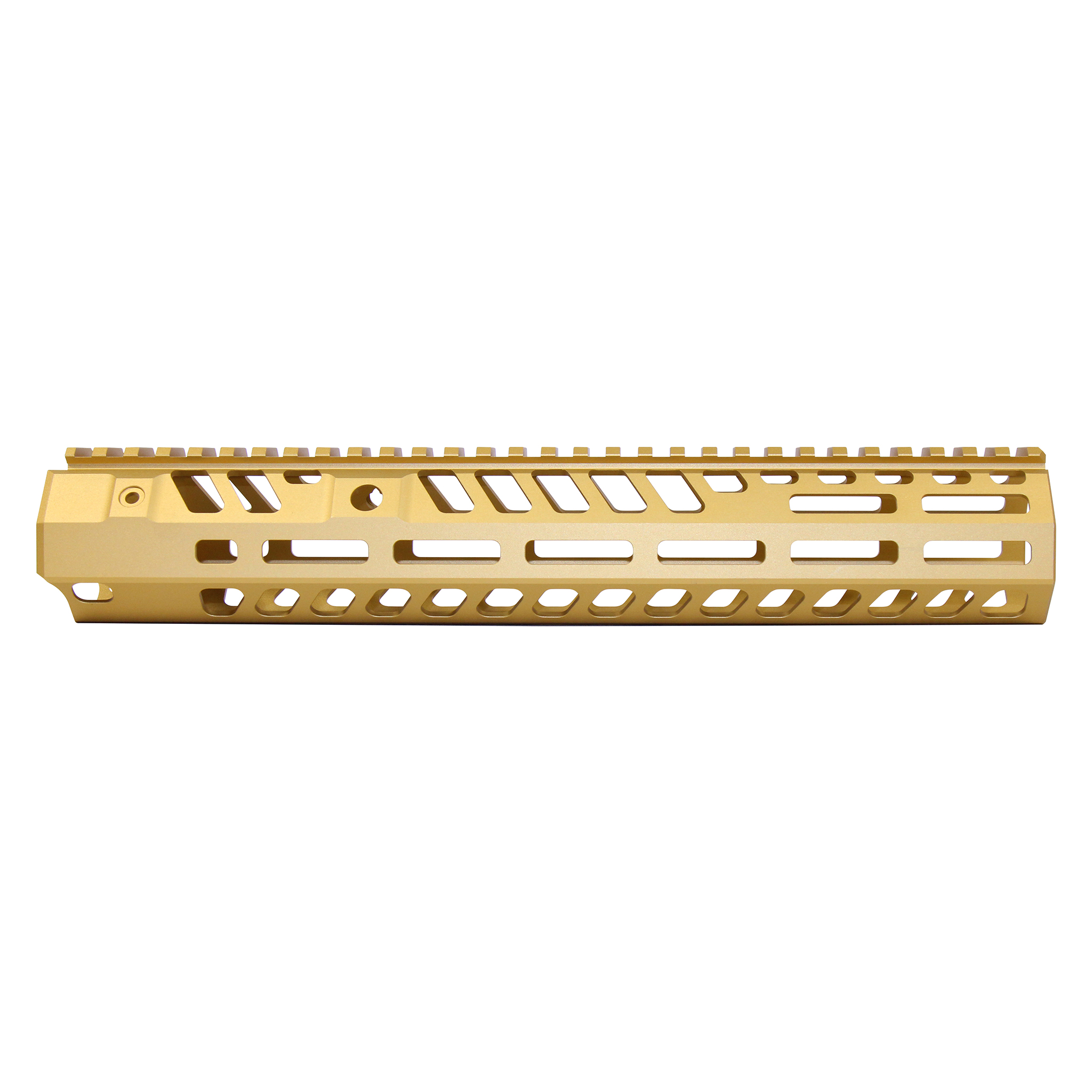 Anodized gold 12-inch M-LOK handguard with skeletonized cutouts and top rail